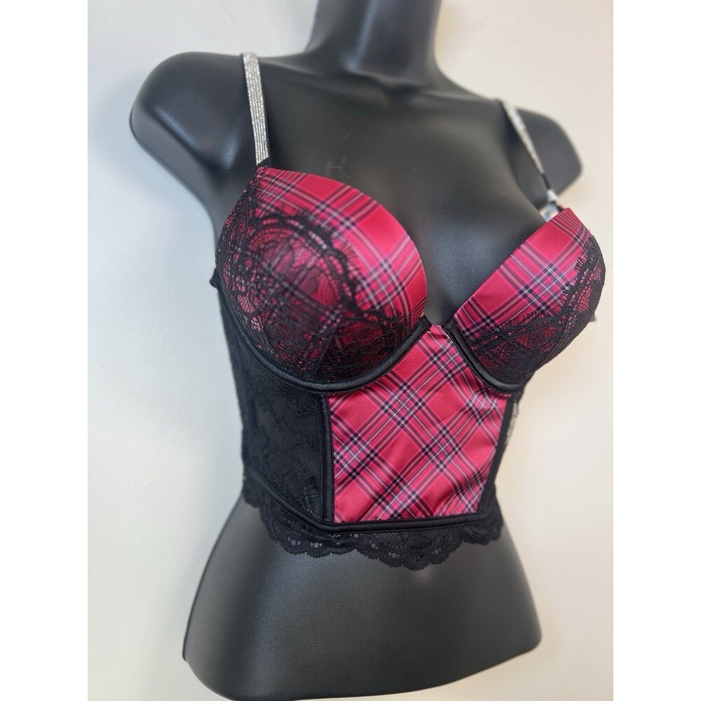 Victoria Secret Bra 34B Bombshell Push Up Red Black Plaid Shine Strap Lace Bling - Picture 2 of 7